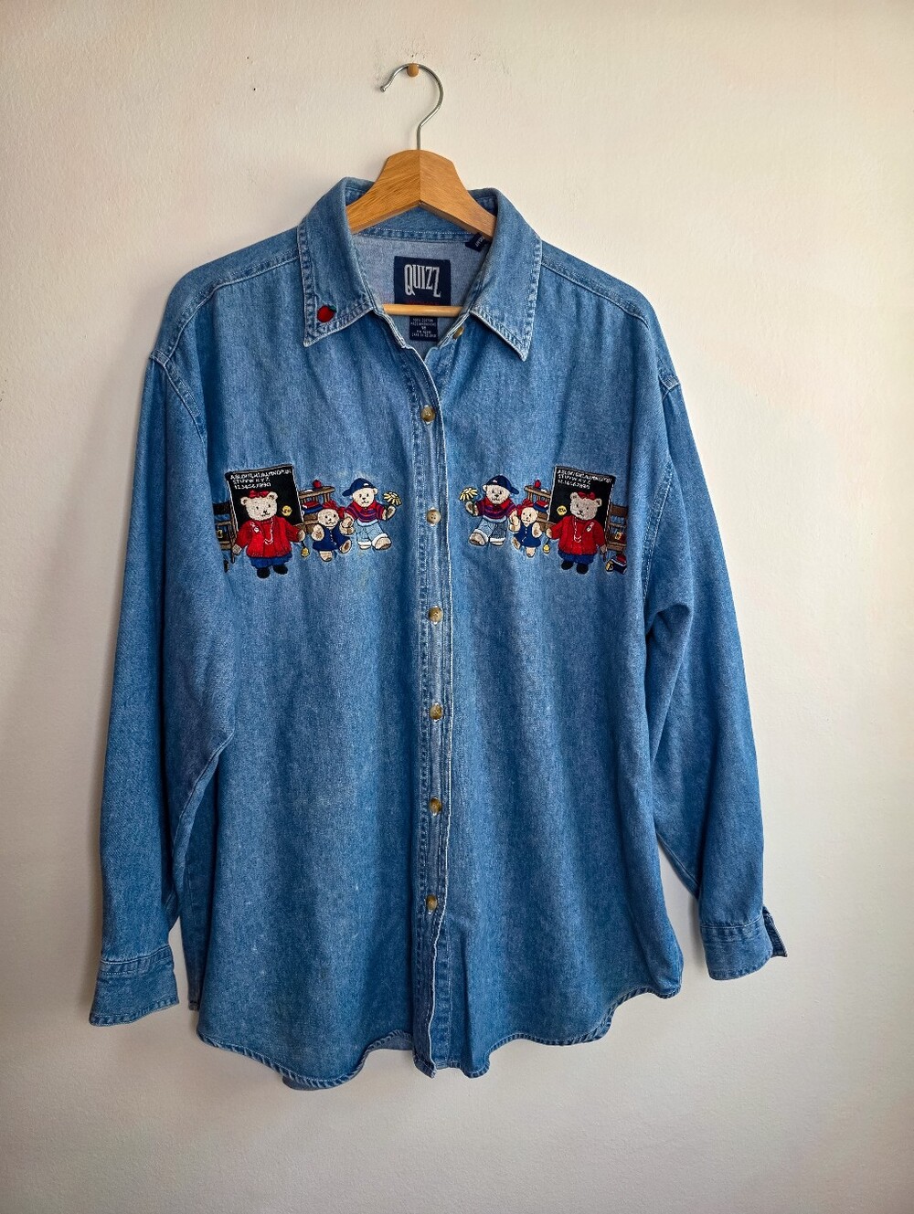 Vintage Quizz Denim Embroidered School Bears Button-Up